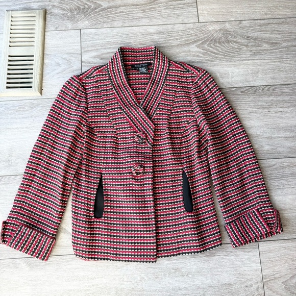 Etcetera Wool BIend Red Black Woven Diamond Tweed Blazer - Picture 4 of 10